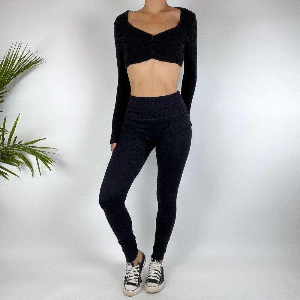 Vintage Y2K High Waisted Ribbed Black Leggings / Size: Small - Picture 3 of 3